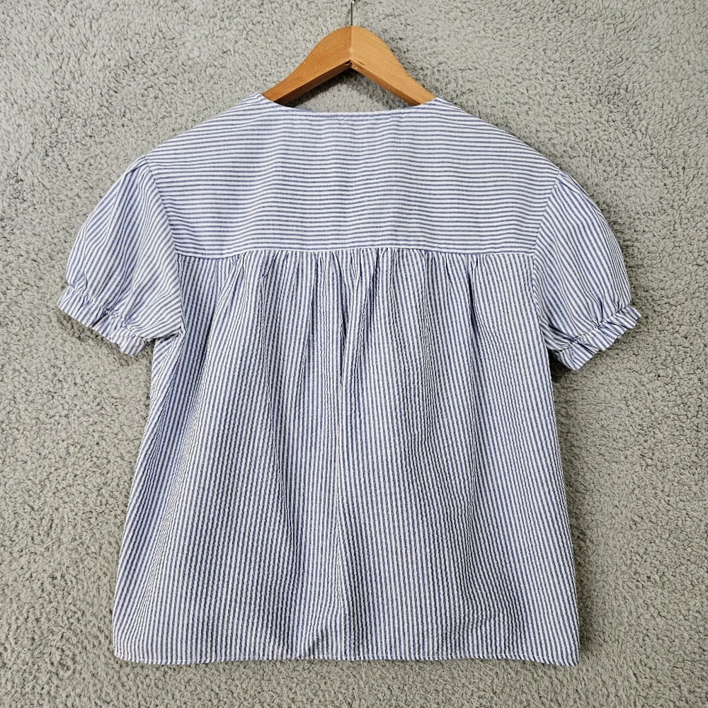 Zara Boho Blue Blouse Small Embroidered Short Puff Sleeves Seersucker Top